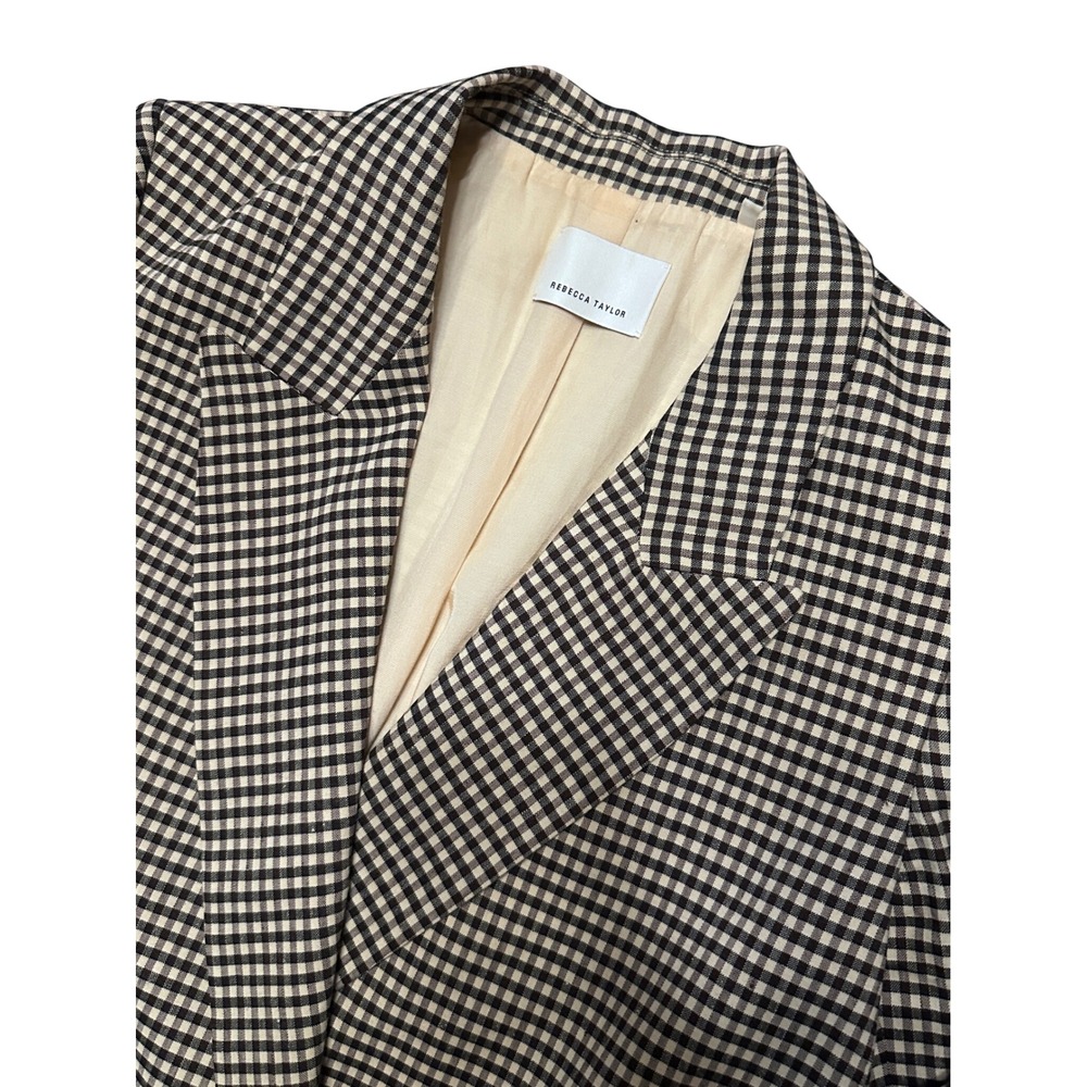 NWOT Rebecca Taylor Gingham Double Breasted Linen Blend Blazer Brown/Cream Sz 10 - Picture 4 of 10